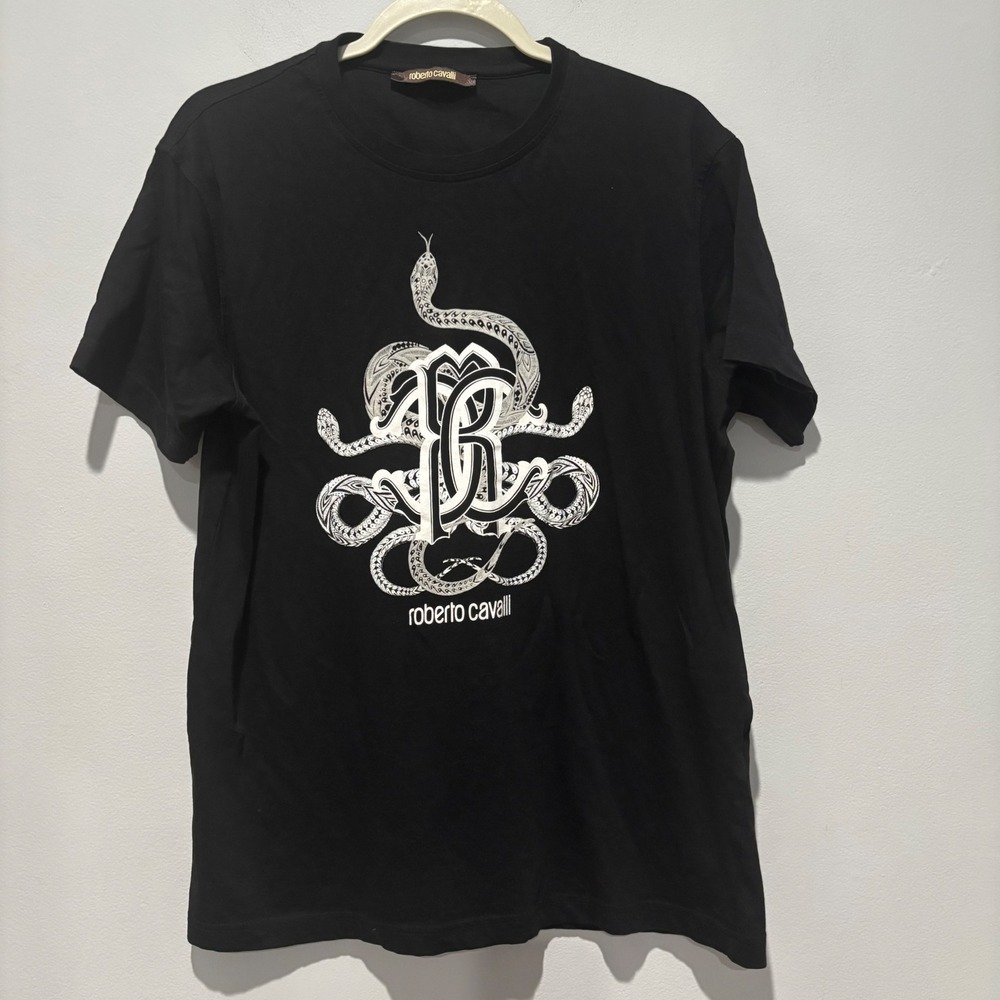 Roberto Cavalli Mens Black Snake Monogram Graphic T-Shirt Luxury Designer Tee